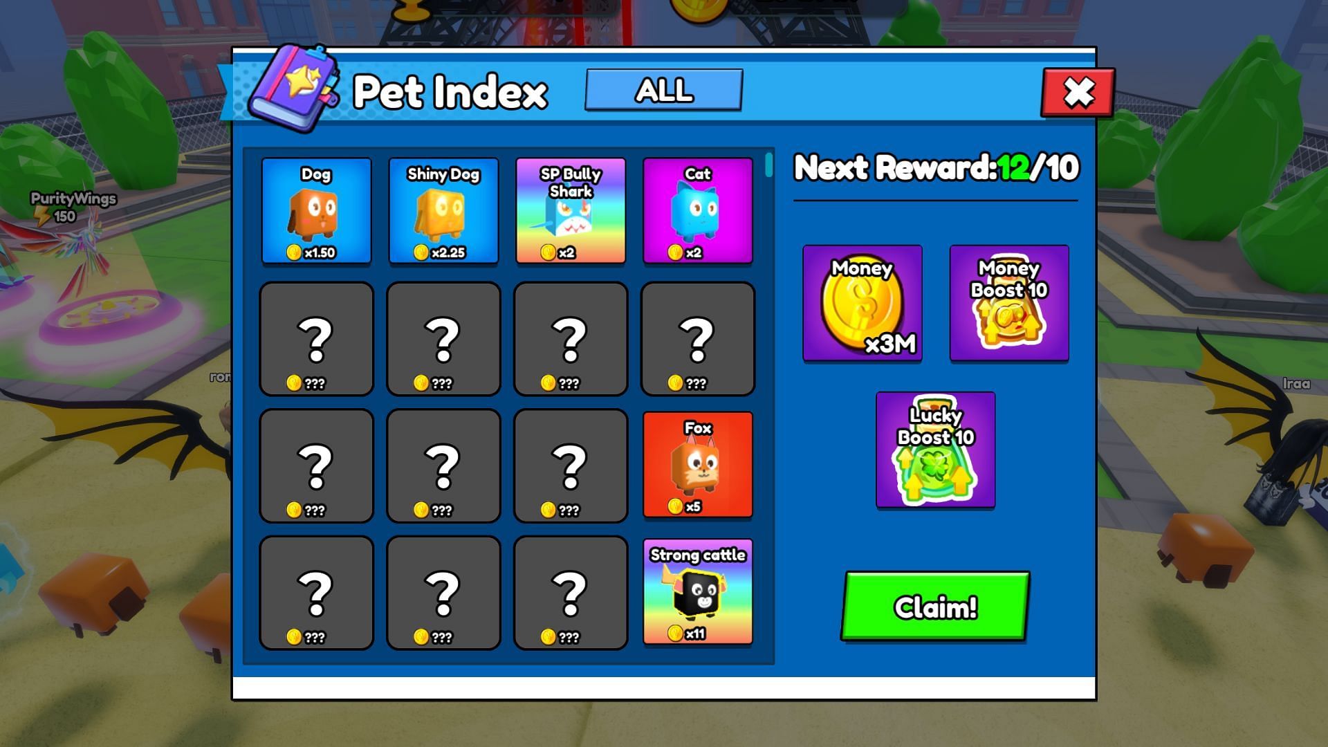 There is a Pet Index in the game (Image via Roblox)